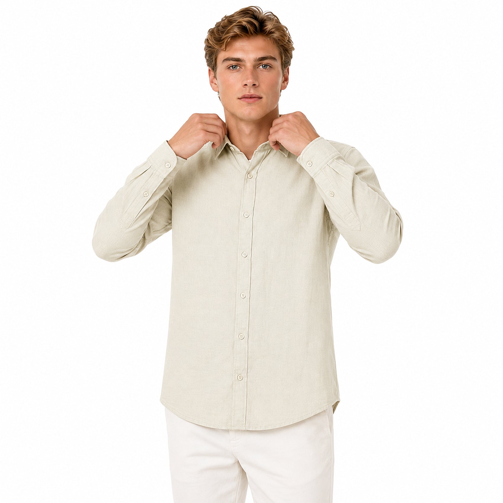Camisa Lino Regular Fit Para Hombre Mod. Le2601 Beige Roosevelt®