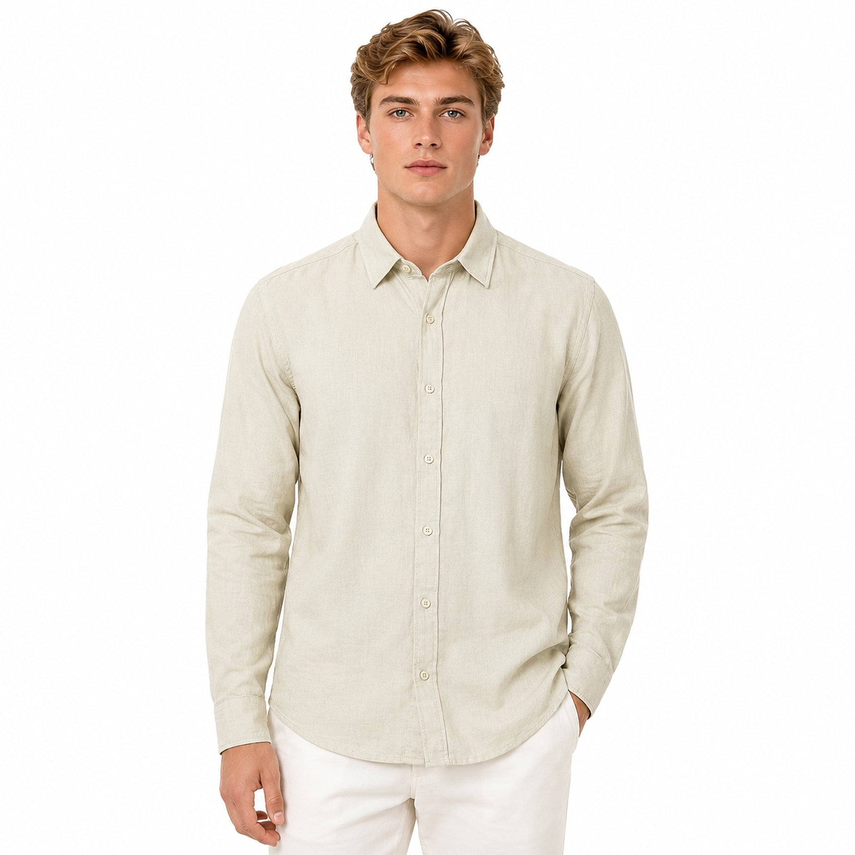 Camisa Lino Regular Fit Para Hombre Mod. Le2601 Beige Roosevelt®