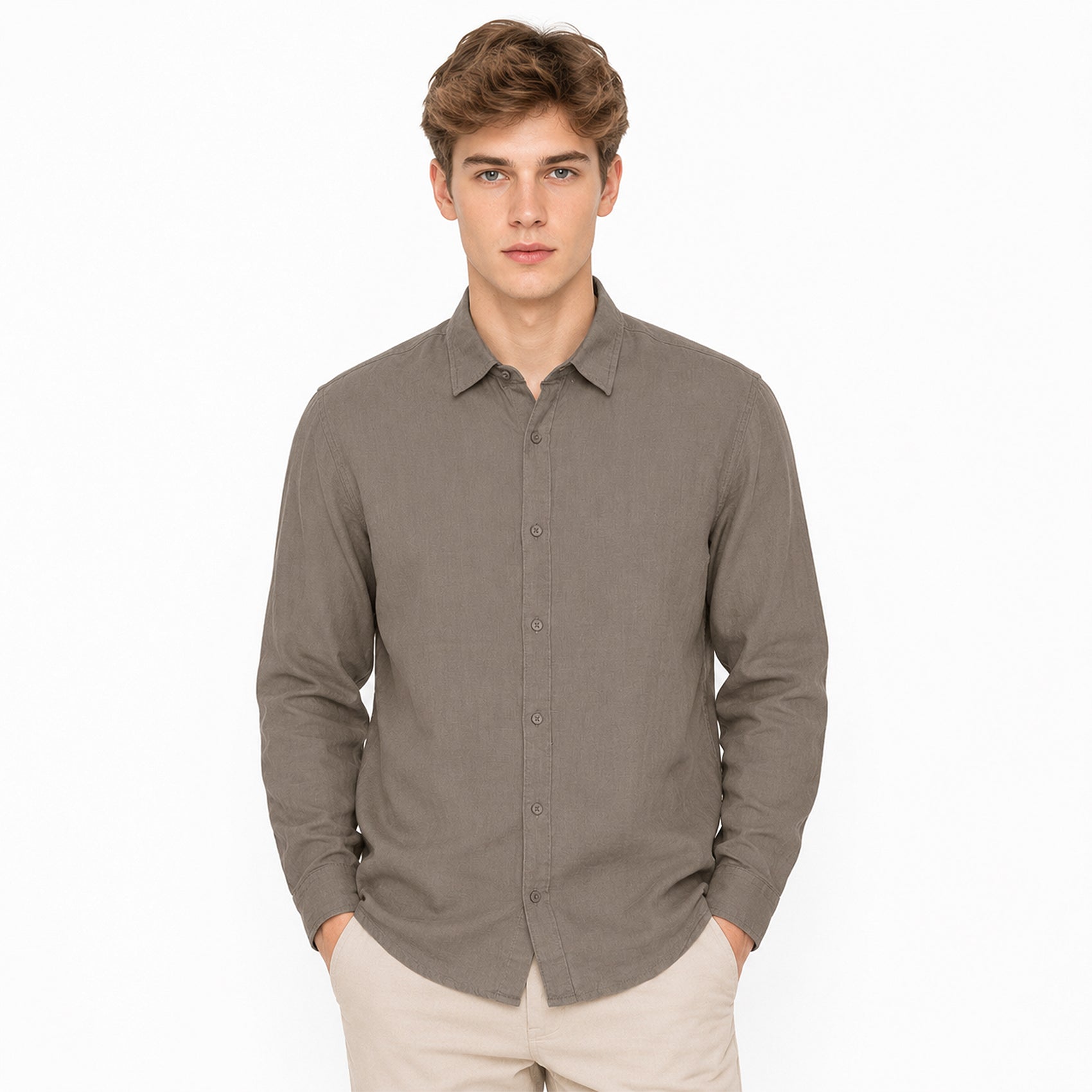 Camisa Lino Regular Fit Para Hombre Mod. Le2601 Gris Oscuro Roosevelt®