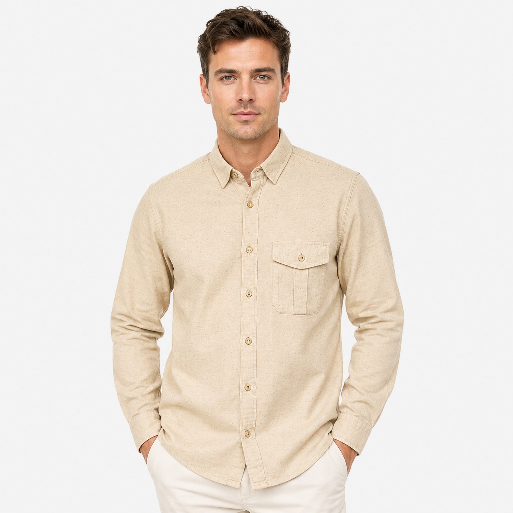 Camisa Lino Regular Fit Para Hombre Mod. Le2604 Beige Roosevelt®