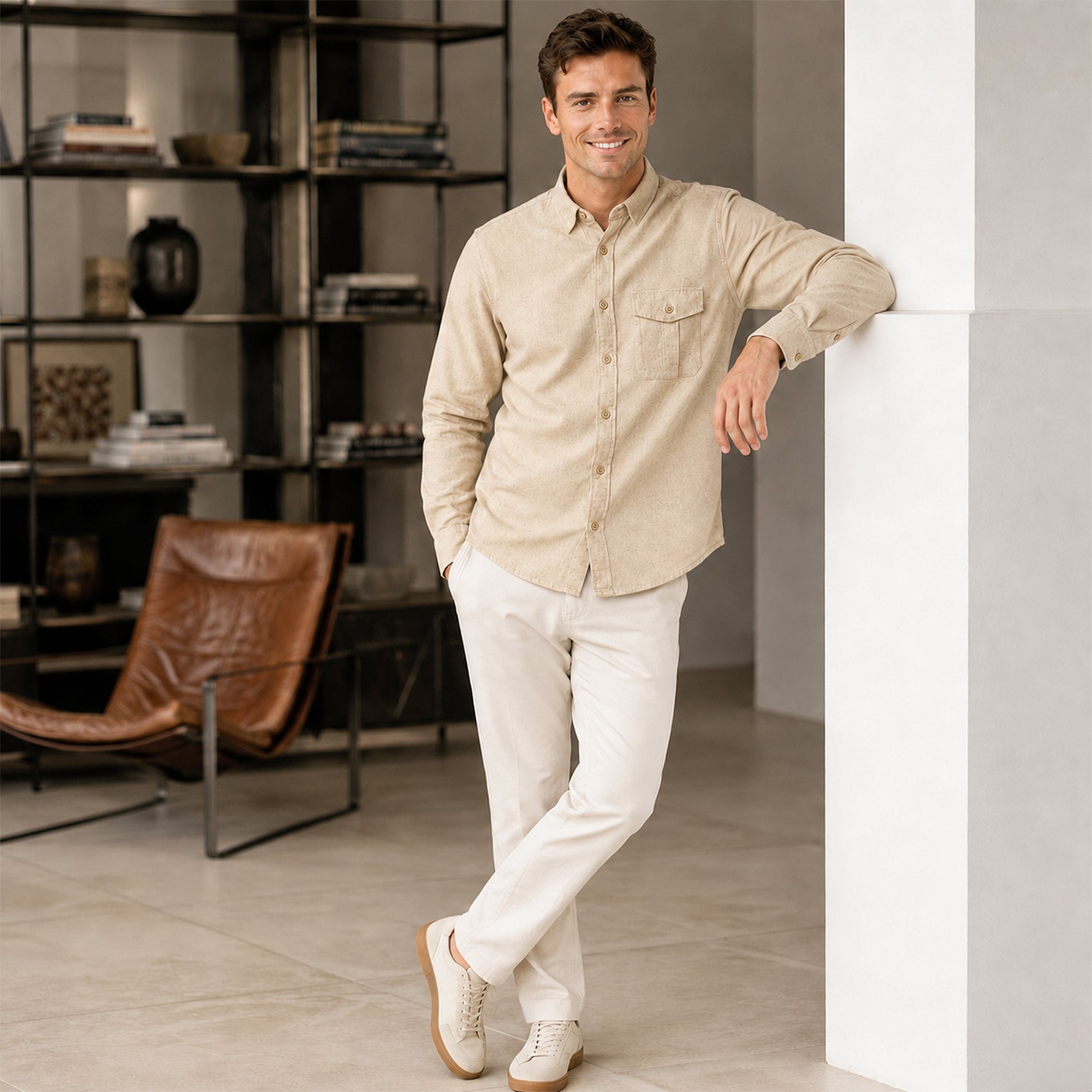 Camisa Lino Regular Fit Para Hombre Mod. Le2604 Beige Roosevelt®