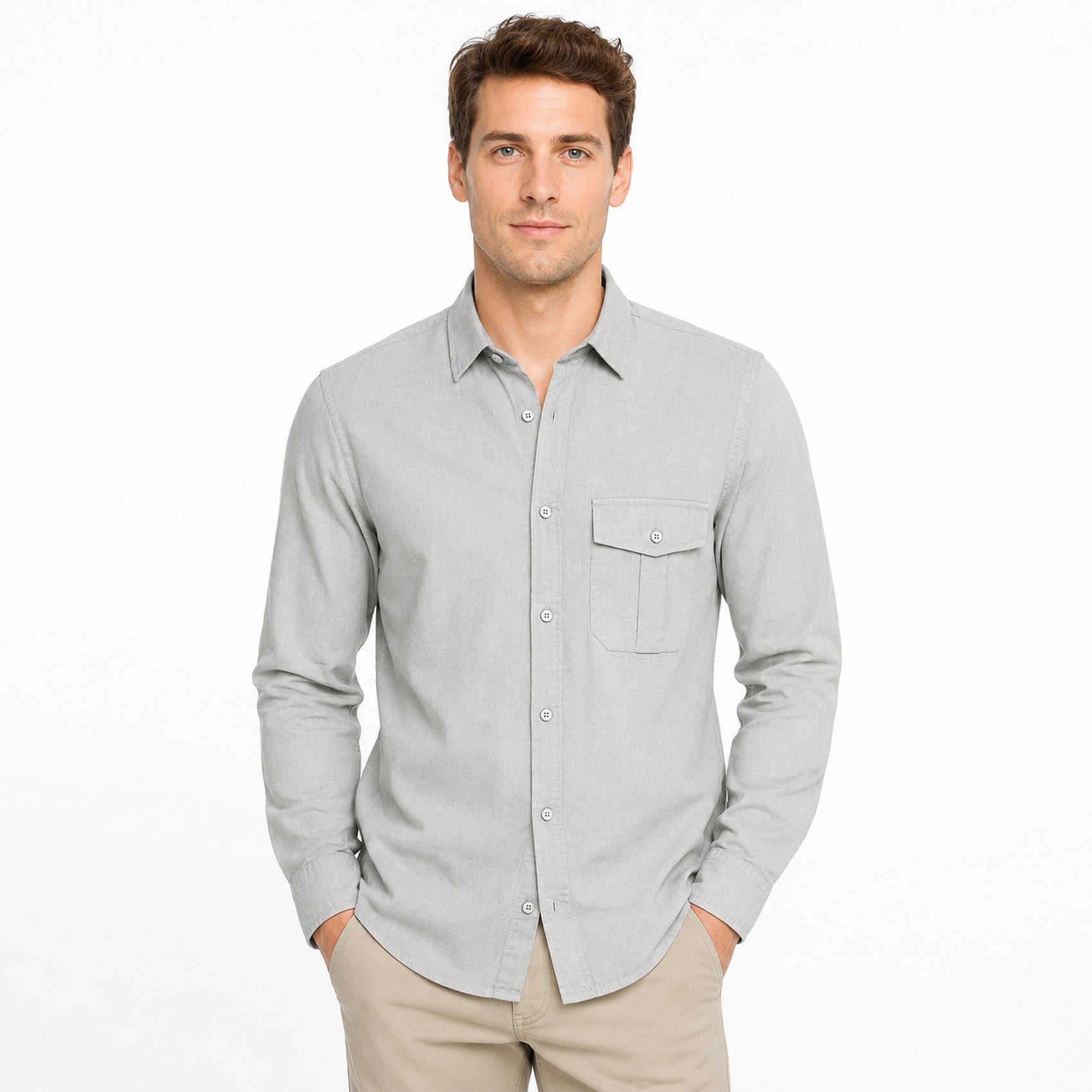 Camisa Lino Regular Fit Para Hombre Mod. Le2604 Gris Roosevelt®