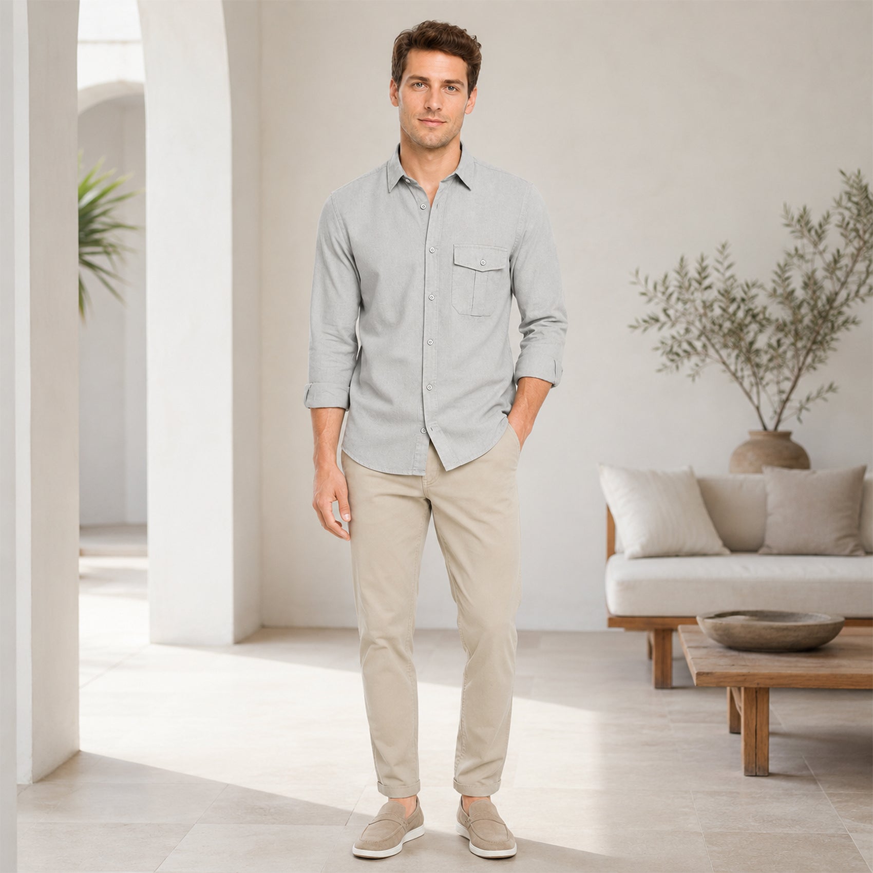 Camisa Lino Regular Fit Para Hombre Mod. Le2604 Gris Roosevelt®