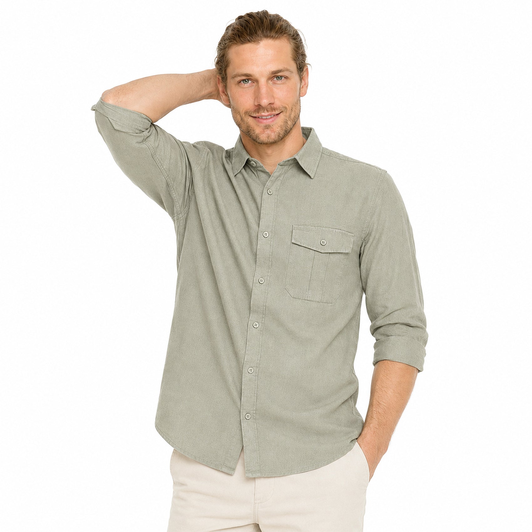 Camisa Lino Regular Fit Para Hombre Mod. Le2604 Olivo Roosevelt®