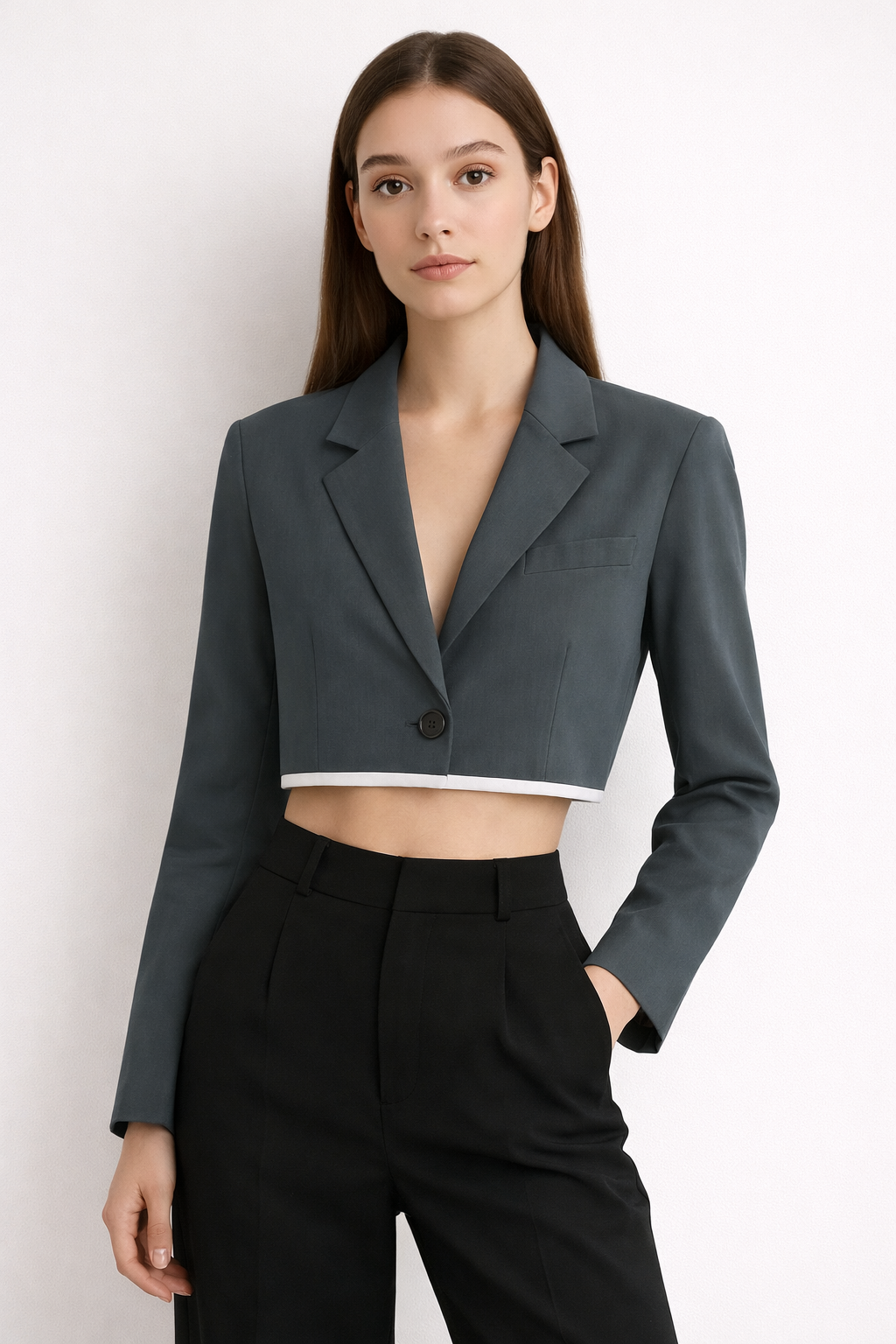 Blazer Casual Corto Para Dama Mod. Bj07377 Marca. Blashe® Gris Oscuro Lisa M