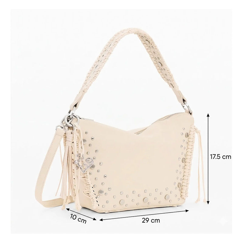 Bolso Mediano Con Tachuelas Y Flecos 26saxpar/1008 Desigual® Beige Lisa Níquel