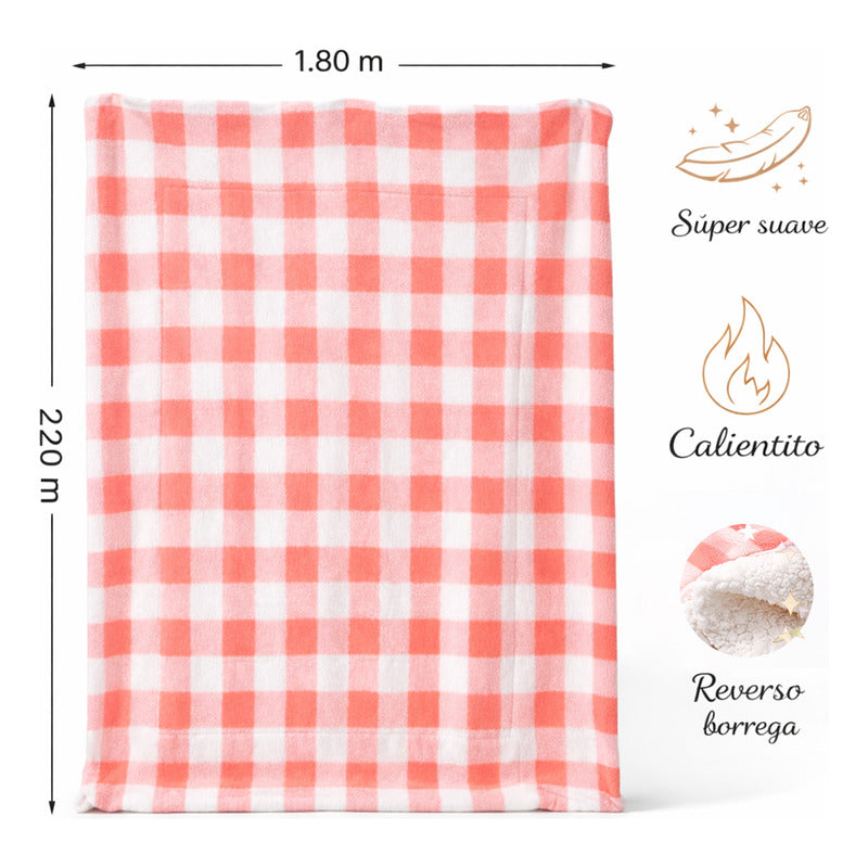 Cobertor Borrega Suave Matrimonial 180x220m Providencia® Cuadros 400 G Rosa Claro