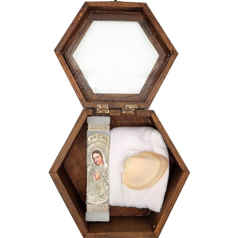 Set Para Bautizo Vela+concha+toalla+caja De Madera