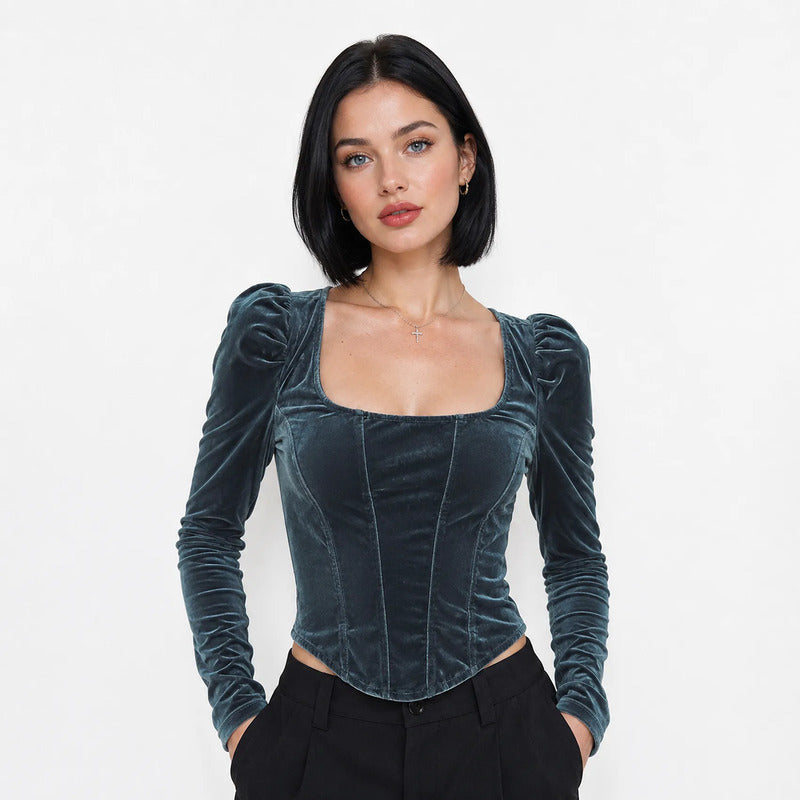 Blusa Terciopelo Tipo Corset Para Mujer Hs2407bl Hessed® Gris Oscuro Terciopelo Ch