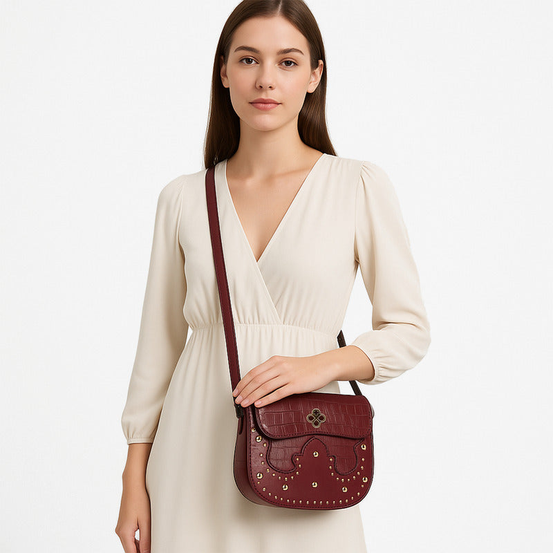Bolso Crossbody Para Mujer Mod. Ji2226 Marca Jaime Ibiza® Bordó Craquelado Dorado