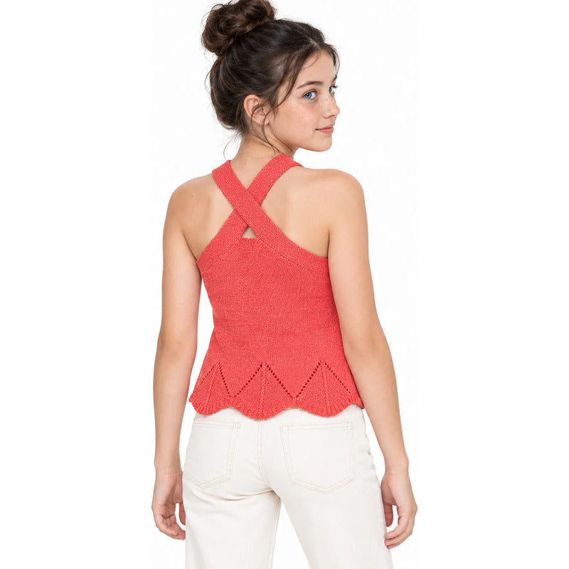 Blusa Corta Cuello Halter Para Niña Mod.6024 Marca Mayoral® Coral Liso 18 Años