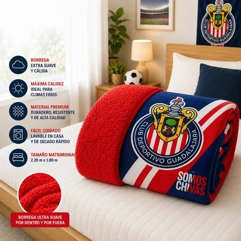 Cobertor Edredón De Borrega Matrimonial Providencia® Futbol Somos Chivas 1 Kg Multicolor