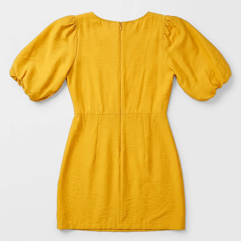 Vestido Para Mujer Mangas Cortas Abullonadas Mod.56734 Stop® Mostaza Lisa M