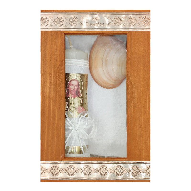 Set Para Bautizo Vela+concha+toalla+caja De Madera