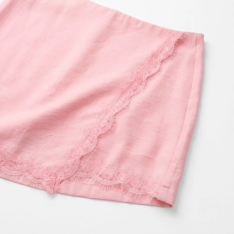 Falda Short Con Encaje Para Mujer 45-26 London Fashion® Rosa Lisa Ch
