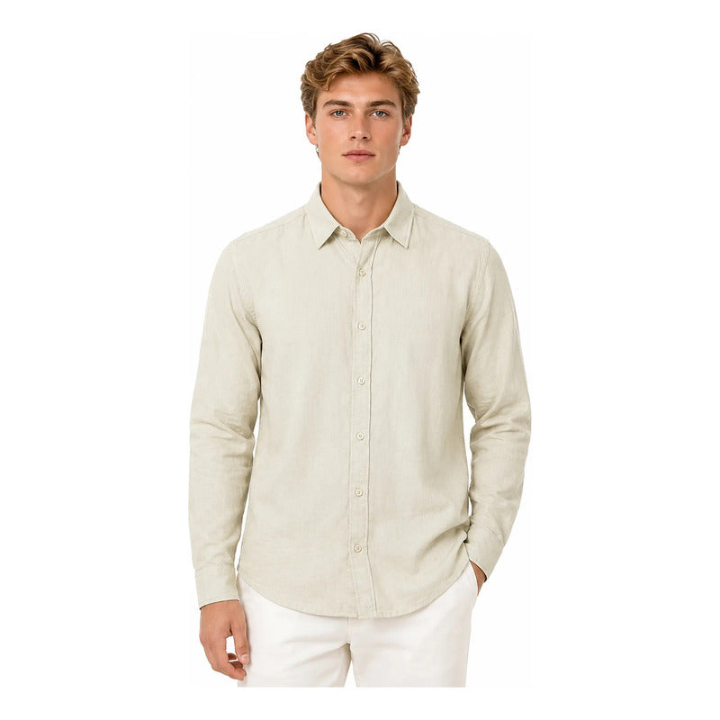 Camisa Lino Regular Fit Para Hombre Mod. Le2601 Roosevelt® Beige Lisa M