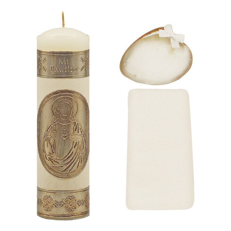 Set Para Bautizo Vela+concha+toalla+caja De Madera
