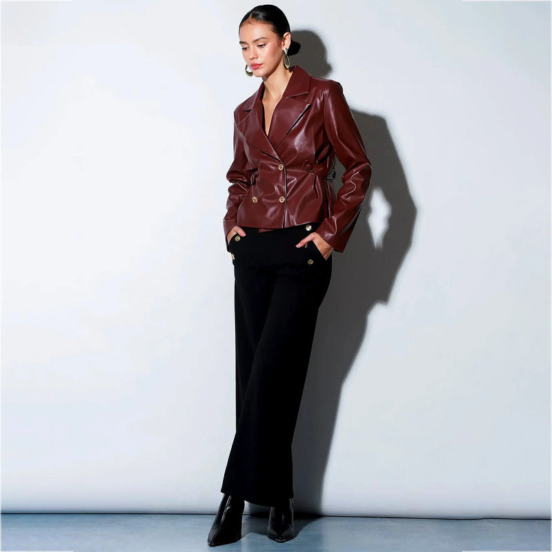 Blazer Versátil Para Dama Cruzado Tipo Piel Marca Lob® Vino Liso G