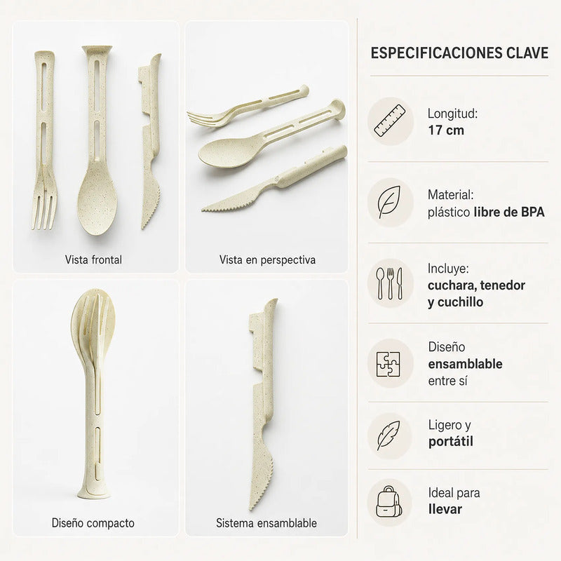 Set Cubiertos Portatil Cuchara+tenedor+cuchillo De Plastico Beige 1819-25