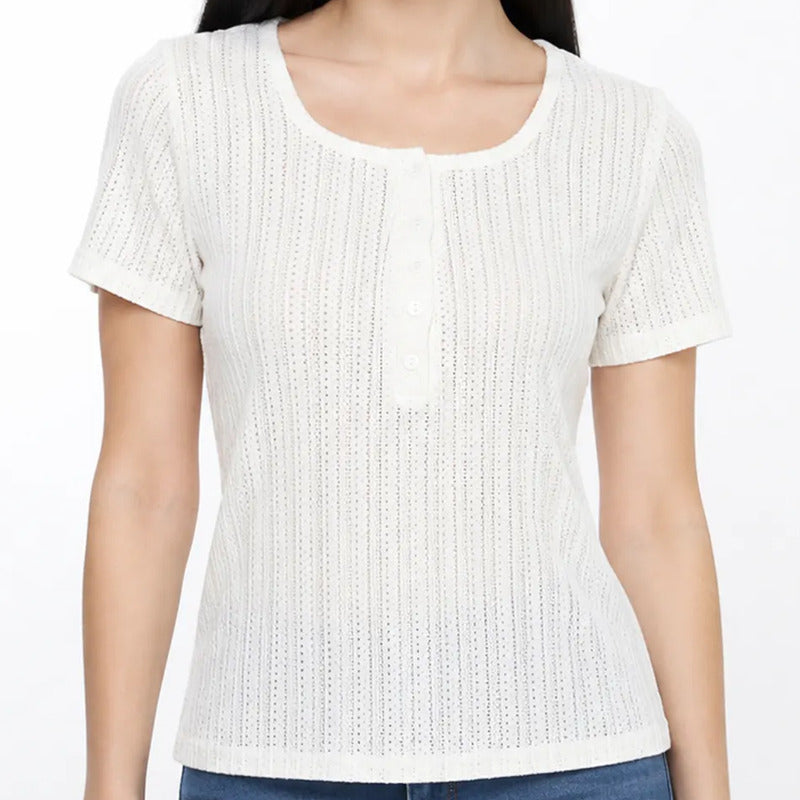 Blusa Casual Semi Calada Para Mujer Mod. K799 Marca Julys® Ivory Calado Ch