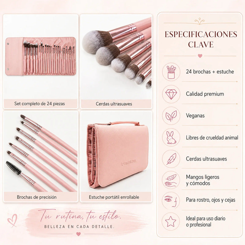 Set De Brochas 24pz Con Estuche Para Viaje True Makeup® Rosa