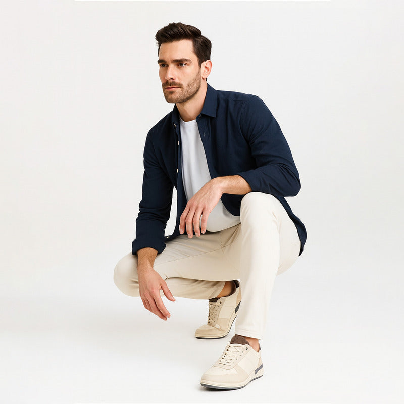 Tenis Casual Para Hombre Mod.419801 Marca Flexi® Beige Lisa 27.5 Mx