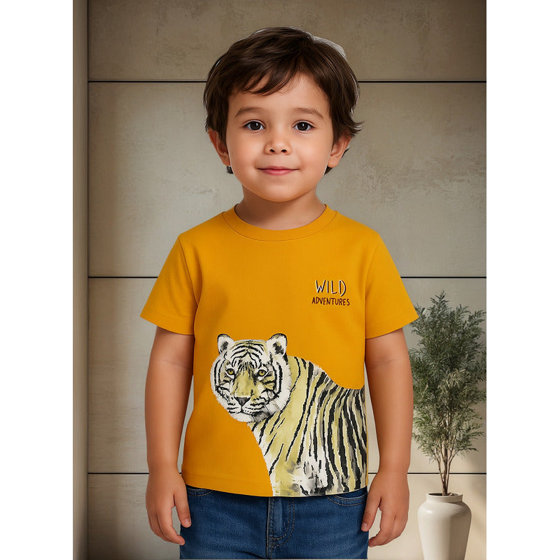 Playera Casual Comoda Para Niño Marca Mayoral® Naranja Claro Tigre Blanco 9 Lisa