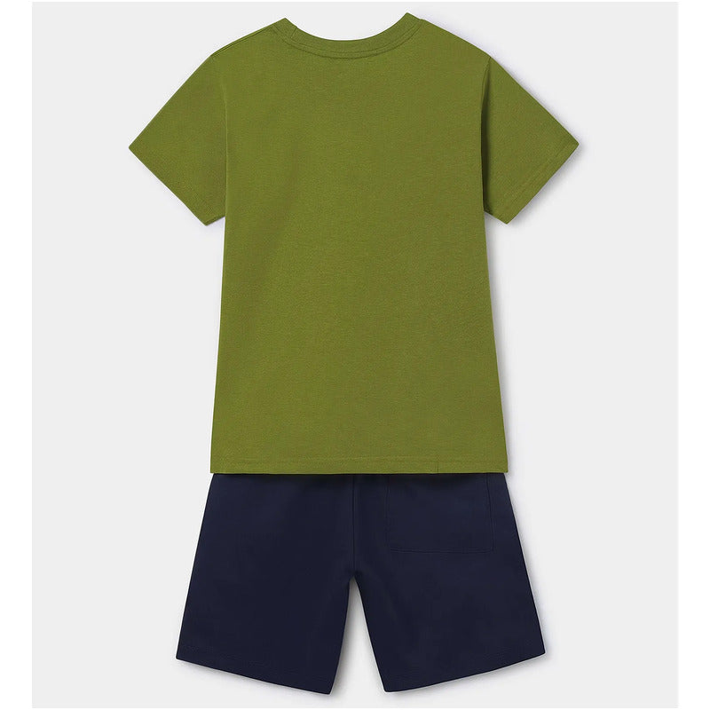 Conjunto Juvenil Playera + Short Mod. 6677 Marca Mayoral® Azul Marino/ Verde Musgo Estampado 16