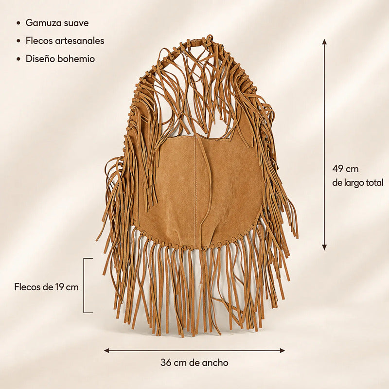 Bolsa De Gamuza Con Flecos Estilo Boho Bohemio Para Mujer Camel Lisa