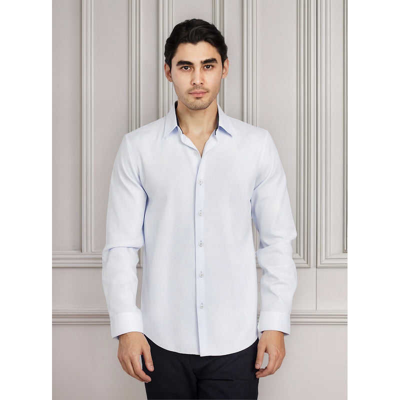Camisa Slim Fit Para Hombre Mod. B51311 Marca Bobois® Azul Claro Geométrico M