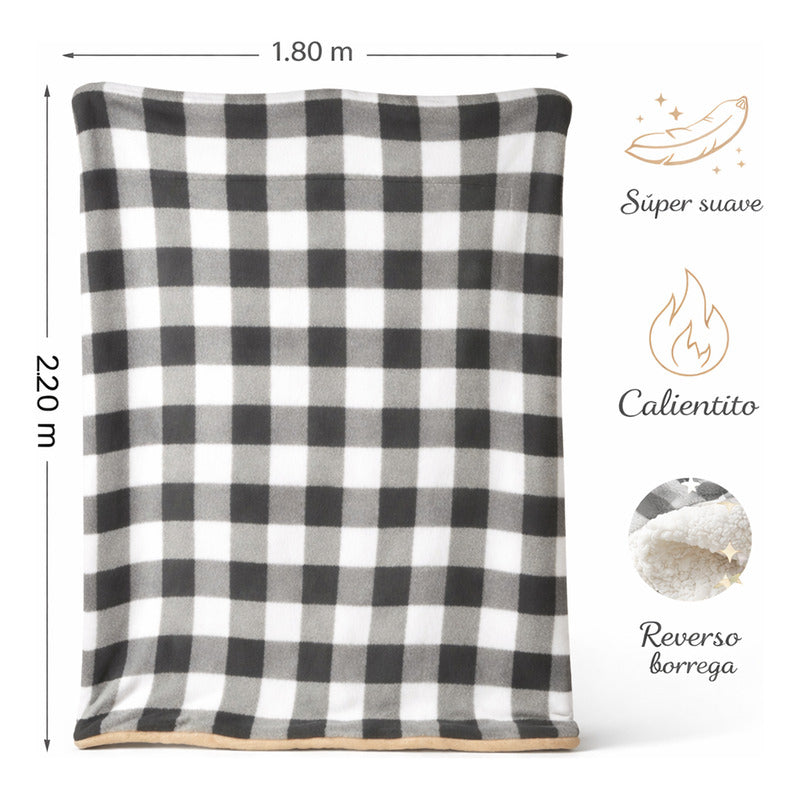 Cobertor Borrega Suave Matrimonial 180x220m Providencia® Cuadros 400 G Grises