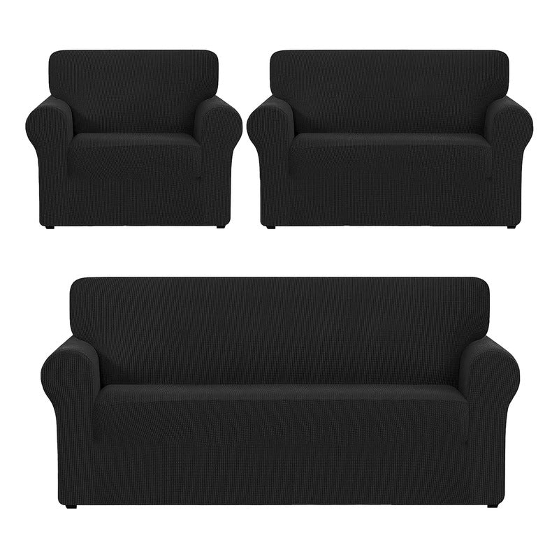 Cubre Sala Set 3 Piezas Estirable Ajuste Perfecto Blank &co® Negro Geométrico