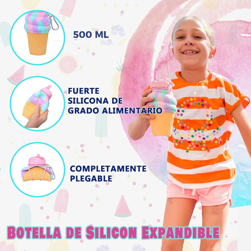 Botella De Silicon Expandible Plegable 550ml Diseño Animados Helado 1766-40