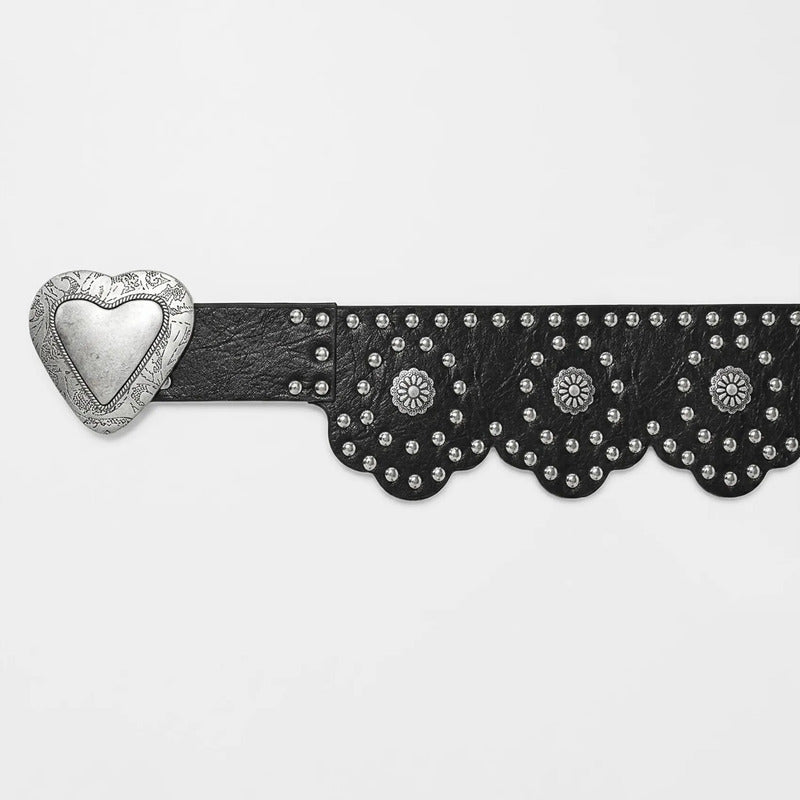 Cinturón Vaquero Para Mujer Hebilla Corazón Con Estoperoles Negro Geométrico 104 Cm