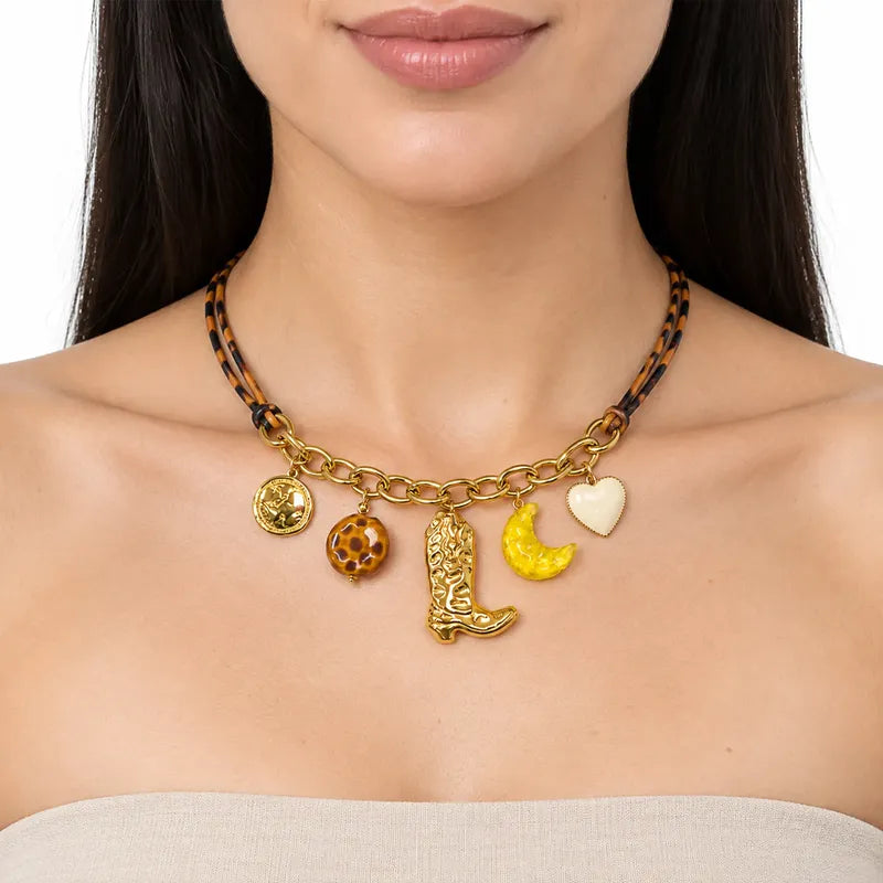 Collar Animal Print Con Dijes Para Mujer Bisutería Fina Multicolor
