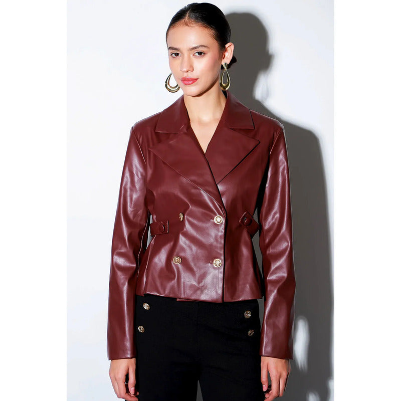 Blazer Versátil Para Dama Cruzado Tipo Piel Marca Lob® Vino Liso Ch