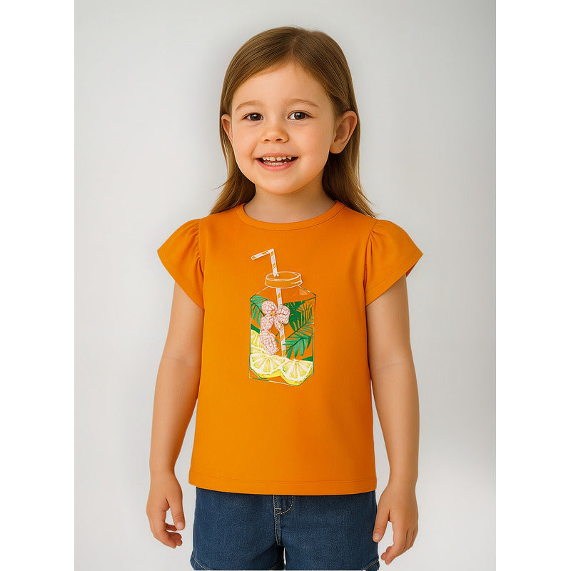 Playera Para Niña Mod. 3047 Marca Mayoral® Naranja Claro Frutas 6 Estampa Localizada