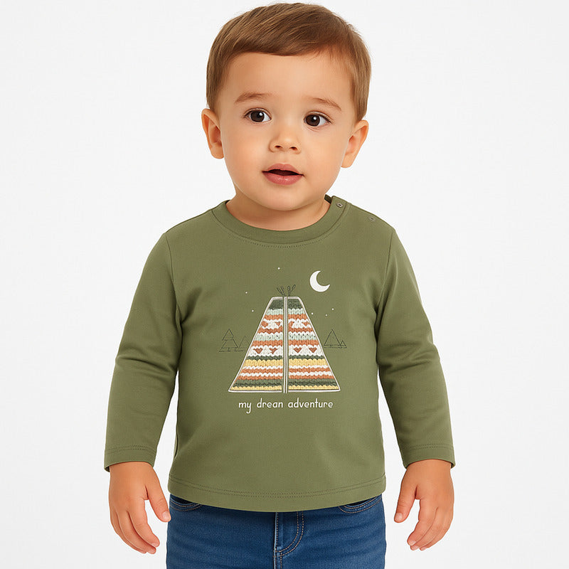 Playera Para Bebe Mod.2007 Marca Mayoral® Verde Musgo Animales Del Bosque 9 Meses Estampa Localizada