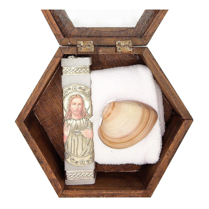 Set Para Bautizo Vela+concha+toalla+caja De Madera