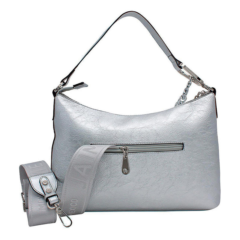 Bolsa De Hombro Para Mujer Mod.ji2486 Marca Jaime Ibiza® Plateado Arrugado