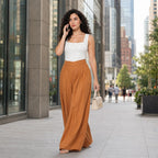 Pantalón Palazzo Lino Pierna Ancha Pg00677 Marca Ferriano® Camel Lisa G