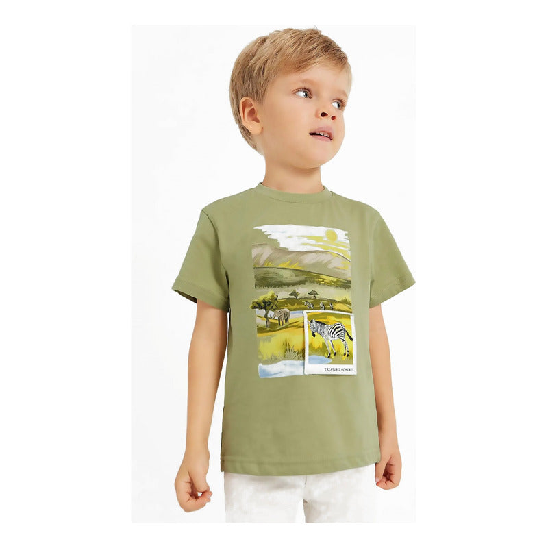 Playera Casual Comoda Para Niño Marca Mayoral® Verde Claro Safari 4 Estampa Localizada