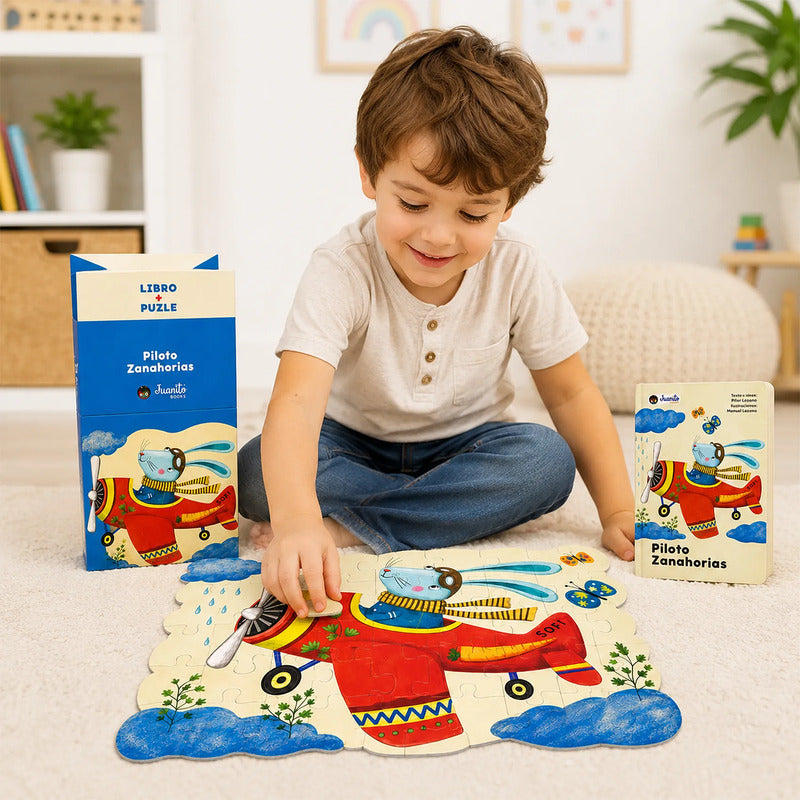 Libro + Rompecabezas Infantil 50pz Piloto Zanahorias