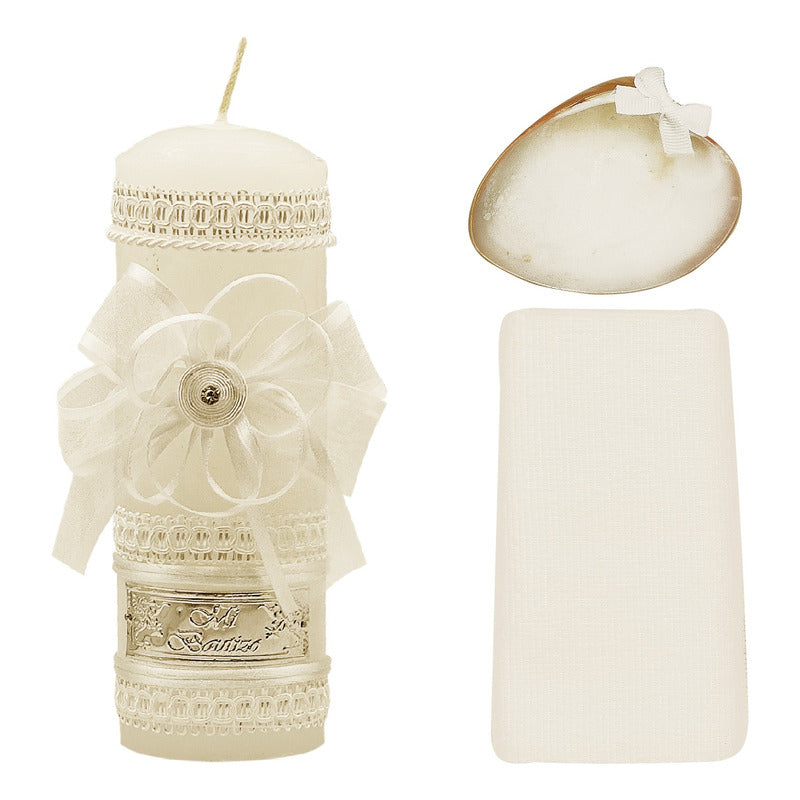 Set Para Bautizo Vela+concha+toalla+caja De Madera
