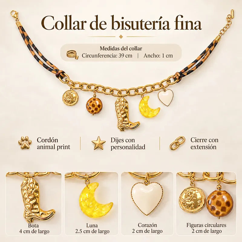 Collar Animal Print Con Dijes Para Mujer Bisutería Fina Multicolor