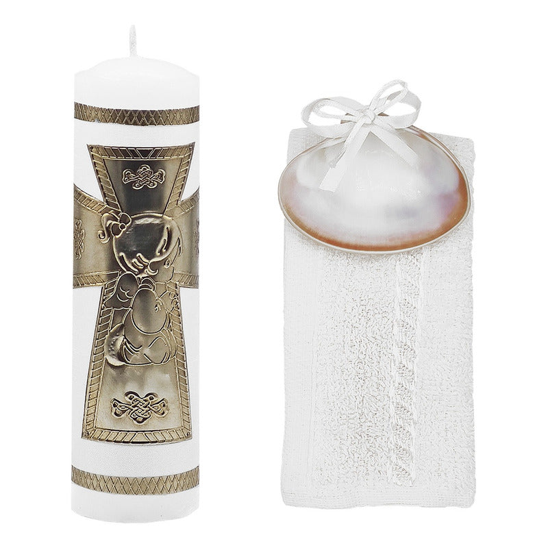 Set Para Bautizo Vela+concha+toalla+caja De Madera