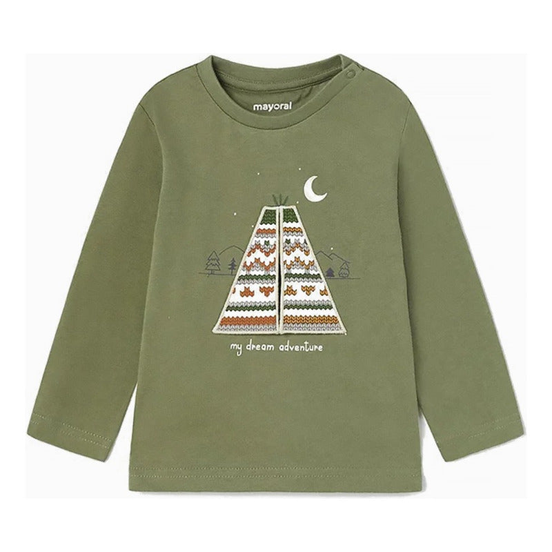 Playera Para Bebe Mod.2007 Marca Mayoral® Verde Musgo Animales Del Bosque 12 Meses Estampa Localizada