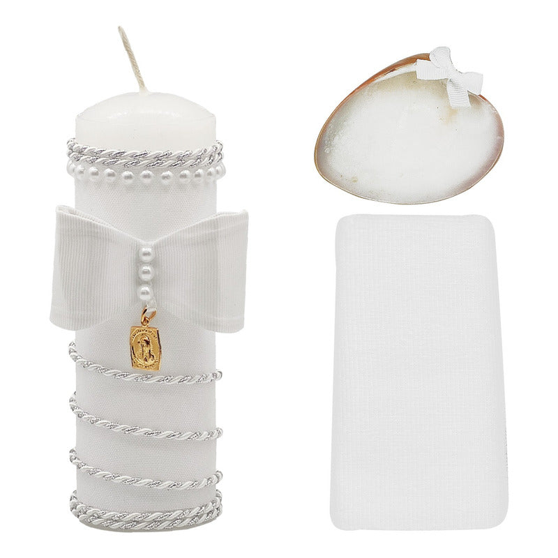Set Para Bautizo Vela+concha+toalla+caja De Madera