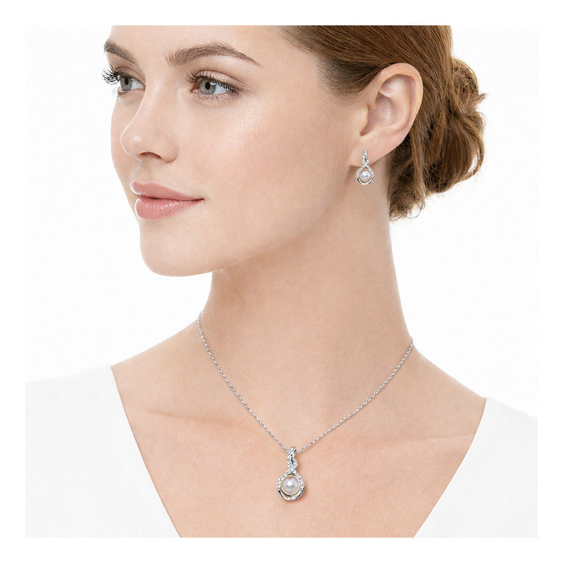 Set Joyería Elegante Collar Y Aretes Entrelazado Con Perla Plateado