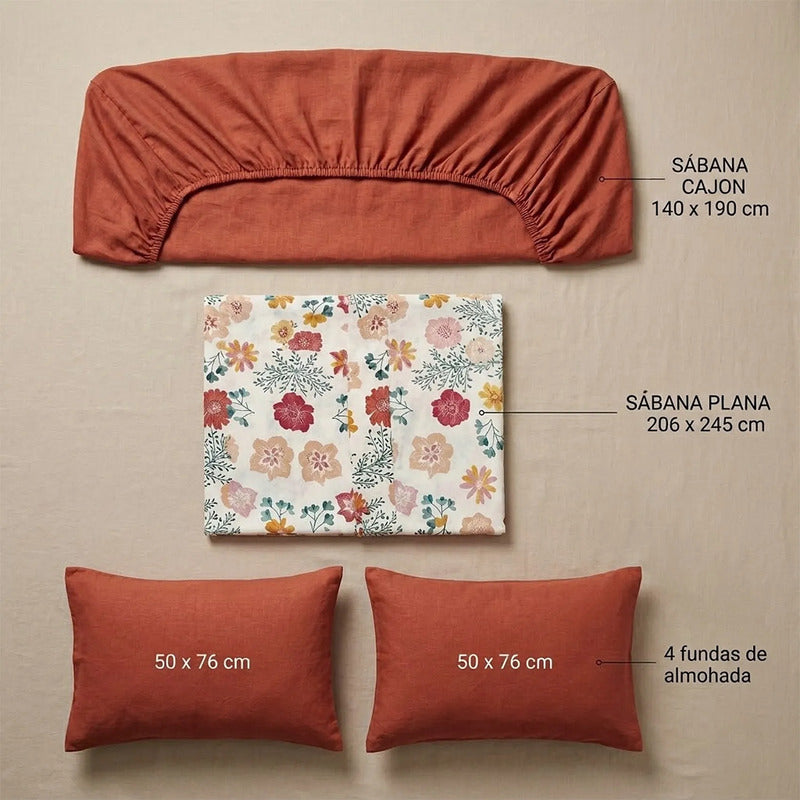 Juego De Sabanas Matrimonial 6pz Tacto Algodón Ultra Suave Multicolor Terracota Flores